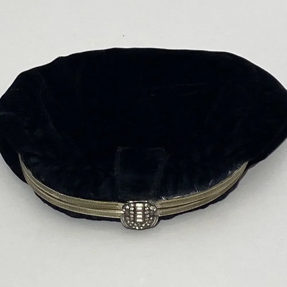 Vintage Black Velvet‎ Art Deco Clutch Rhinestone Clasp Evening Bag Pouch Purse